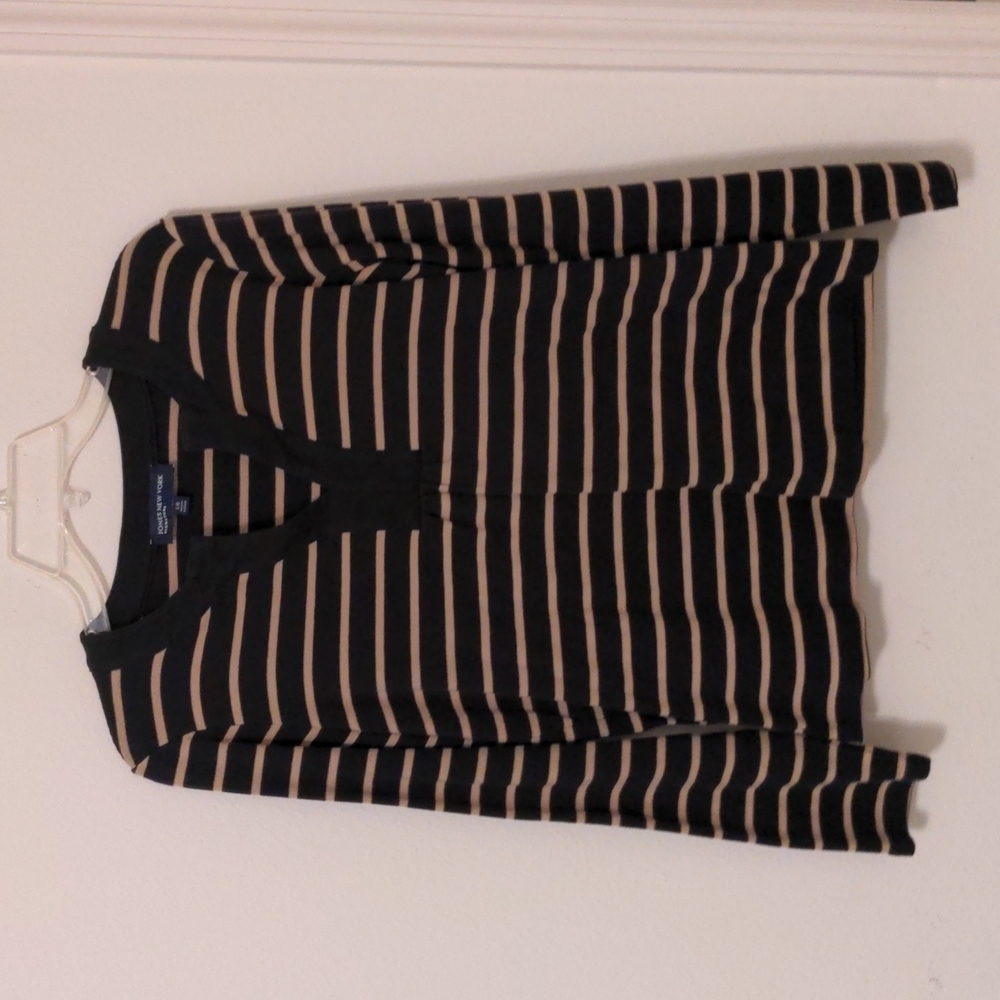Jones New York Brown/Tan Striped Long Sleeve Knit  V-NeckTop Size L